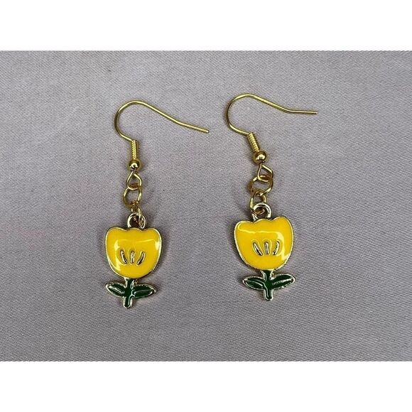 Handmade Dangly Yellow Tulip Earrings - Picture 2 of 3